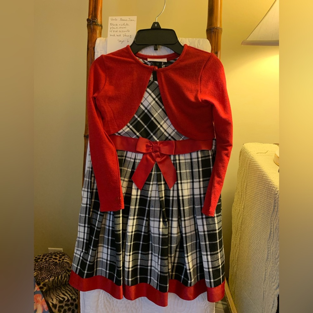 Girls - Bonnie Jean - Black & White Plaid Dress with Red Accents and Red Shrug